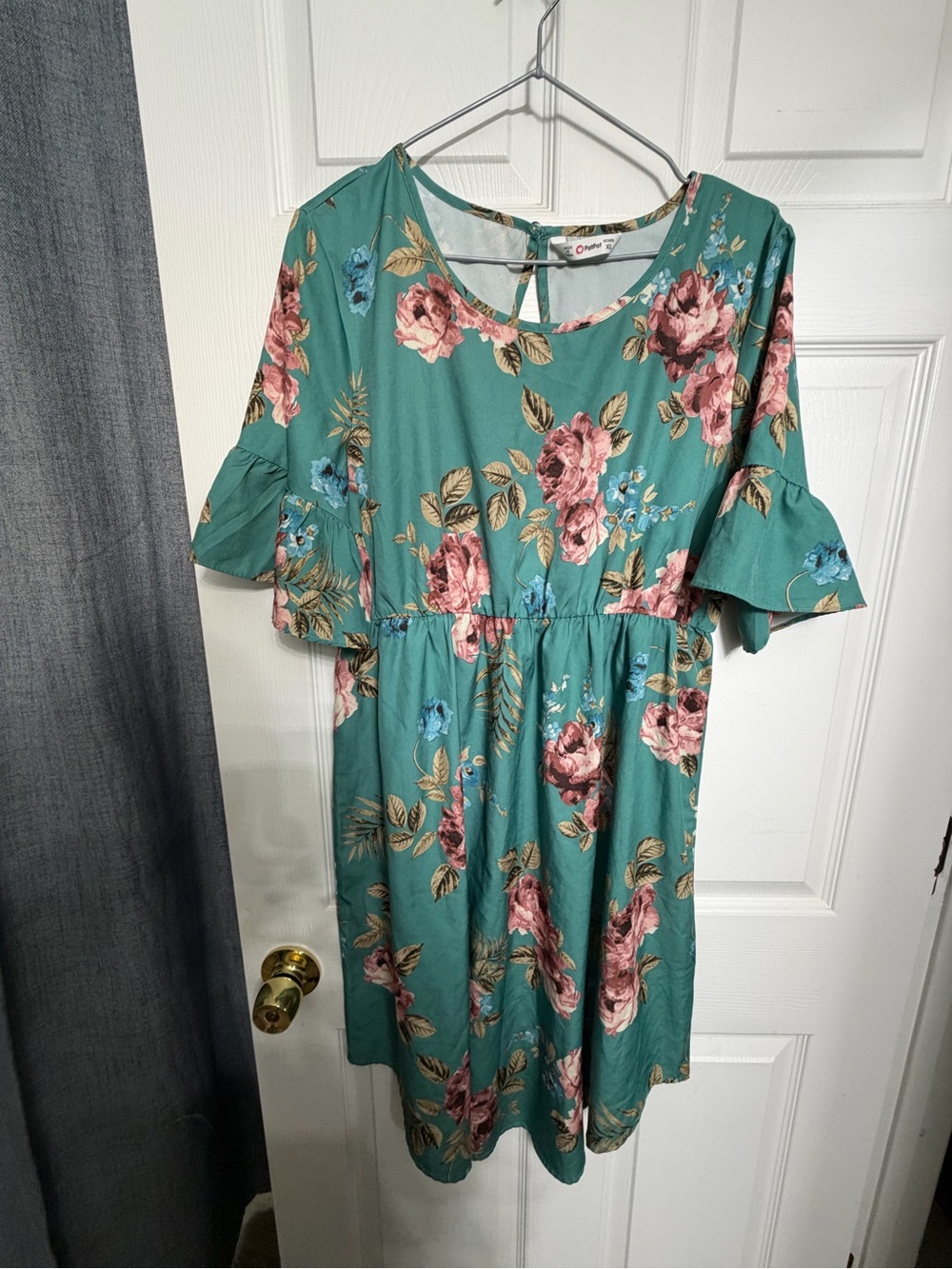 PatPat Teal Floral Midi Dress with Pink Rose Print
